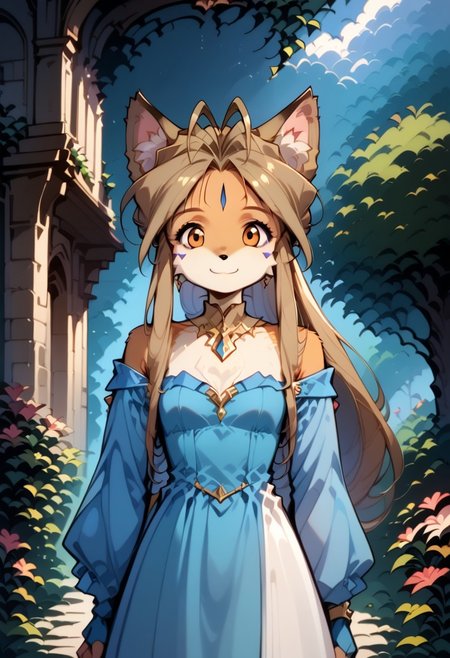 masterpiece, best quality, very detailed,score_9, score_8_up, score_7_up, source_anime, 1girl, solo, looking at viewer, Belldandy, Belldandy as a fox, long fox ears, with ear fluff, animal nose, dirty blonde hair color,long hair, fox tail, golden eyes, with cheek fluff, round face,  (hand pose, standing:1.2), adorable, youthful appearance, cute bodytype, small body, petite body, flat chest, cute, toon, petite, small, cute, toon, petite, small, cute petite, small torso, petite,  looking at viewer, flirty facial expression,  dress, jewelry, earrings, bracelet, cleavage, blue dress, white dress, fingerless gloves, dethatched wings, dethatched angel wings, choker, collarbone, bare shoulders, gold choker, strapless, shawl, gold trim, wind lift, outdoors, garden, low light, dramatic lighting, night, bush, large stone castle in background contrapposto, legs apart, standing, hip focus, cowboy shot, grass, flower, pink flower, light smile, closed mouth, stain remover, hair ornament, flower, lily, solo, haplogroup D1a1a1, high quality, masterpiece, portrait, Hmong, Expressive,  retro art style, Vintage, 1990s \(style\) (female anthro: 1.2), <Anthro Fox Lora for Pony:0.6>, <lora:princess_xl_v2:0.75 > <lora:OldAnimeStyle_XL_v3:0.5> <lora:Expressive_H:1>