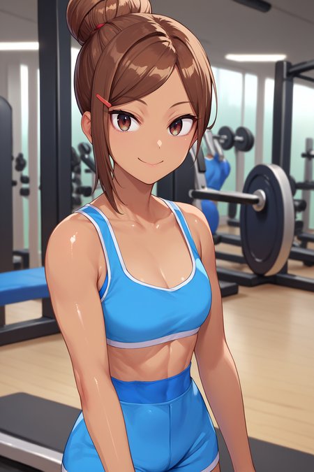 score_9, score_8_up, score_7_up, score_6_up, source_anime, 1girl, solo,  <lora:ueharaayaka-pdxl-nvwls-v1-000006:1> ueaya, brown hair, hair bun, tan, hairclip, blue sports bra, blue shorts, looking at you, shiny skin, gym, smile, upper body, thighs