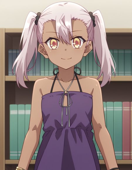 score_9, score_8_up, score_7_up, source_anime, <lora:chloe-von-einzbern-prisma-s2s3-ponyxl-lora-nochekaiser:1>,, chloe von einzbern, long hair, hair between eyes, yellow eyes, pink hair, dark skin, dark-skinned female,, twintails, dress, bare shoulders, collarbone, bracelet, halterneck, purple dress,, bookstore, browsing shelves, new book smell, finding a favorite, quiet atmosphere, smile, looking at viewer, arm holding an object, solo,, cowboy shot, dutch angle