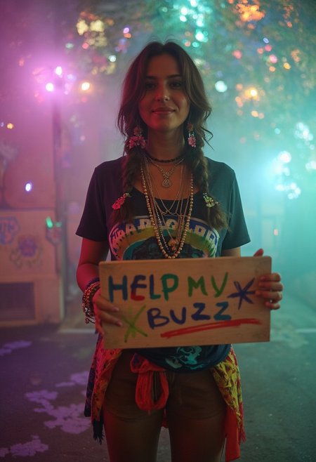 SFW, Cute Woman Hippy Stoner.  A cute, free-spirited woman with a hippie stoner vibe, standing confidently while holding a hand-painted sign that reads 'Help My Buzz' in playful, colorful lettering. She wears a vintage Bob Marley T-shirt styled with layered, flowing bohemian clothing in vibrant, earthy tones, adorned with eclectic accessories like beaded necklaces, bracelets, and dangling earrings. Her loose, wavy hair falls naturally over her shoulders, with strands braided and decorated with tiny flowers and beads. The atmosphere around her is alive with soft, swirling colorful fog, illuminated by glowing, luminous motes and glistening, iridescent particles that give the setting a trippy, dreamlike, otherworldly feel. The background features abstract, surreal textures and colors, with a soft gradient of purples, pinks, and greens. The image is ultra-detailed, high-resolution, and rich in texture, capturing every nuance of her expression, the fabric of her clothes, and the reflections in the ethereal atmosphere. The overall tone is whimsical, peaceful, and surreal, emphasizing her carefree and radiant personality.
Hide