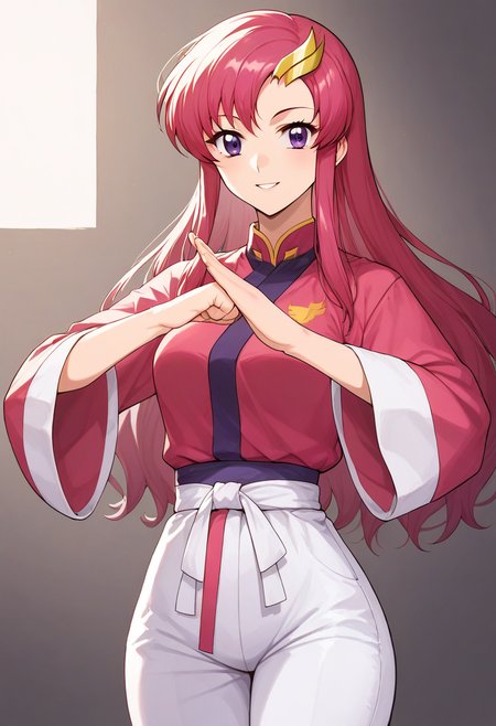 (fist-palm salute:1.5), score_9, score_8_up, score_7_up, source_anime, ultra detailed, 
Generate a picture of a girl making fist-palm salute in a big garden in front of a big traditional Chinese building,  (fist and palm folded in front), (hands together), front view,  she is wearing a yin_yang_print robe, white pants, barefoot, looking at viewer seriously with light smile,
A teenager girl has pink long hair, wearing wave hair ornament, yellowish sikn, medium breasts, slender and glamor body with narrow waist, round face with purple eyes, lacus clyne \(Gundam seed\),
 ,   <lora:fist-palm_salute_Pony-000008:0.8>,<lora:lacus-clyne-ponyxl-lora-nochekaiser:1>