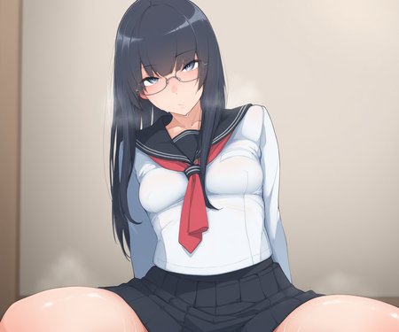 masterpiece, best quality, amazing quality,  sfw, 1girl, solo,  looking at viewer,   shirt, sailor collar, pleated skirt,  long hair, glasses,   <lora:Shirabe Shiki style ILL-v2:1> shirabe_shiki