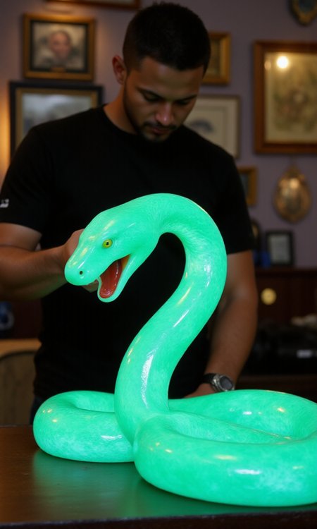 jade_snake, shebaaobao, neouv, cartoon snake made out of glowing illuminated iridescent jade ready to bite somebody on the counter of a pawn shop in New York City  <lora:jadesnakeflux-000001.safetensors:1.0> <lora:shebaobao_flux_snake_Cartoon_v2.safetensors:1.0> <lora:neouv_flux_03.safetensors:1.0>