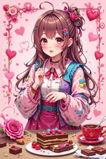 an anime woman in love preparing valentine's chocolate, very intricate, very detailed, sharp, bright, colorful, <lora:Hand v2:0.5> <lora:Anti-Blur:1><lora:Insane Detail Slider:0.25>  <lora:flux.1_lora_flyway_Epic-detail_v2:0.3> <lora:fluxenhancer:0.25> <lora:ck-Neon-Retrowave:0.4> ck-rw, in the style of ck-rw,  <lora:Neurocore Anime Cyberpunk:0.8> A digital artwork in the style of cknc