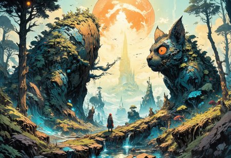 The image is an hand-drawn illustration of a giant black cat with large orange eyes standing in a forest. The cat is facing towards the right side of the image, with its head turned towards the viewer. The background is filled with tall trees and shrubs, and there is a large orange sun in the top right corner. The sky is a pale yellow color, and a few birds can be seen flying in the distance. In front of the cat, there are two small people, one wearing a red hat and the other wearing a white dress, standing on a hill. The overall mood of the illustration is peaceful and serene. artwork drawing