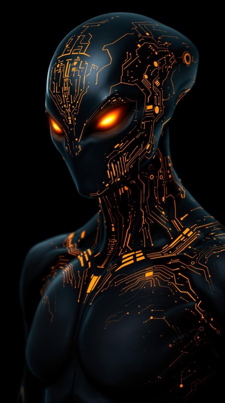 This is a digital artwork of an alien or futuristic being. The character has a sleek, humanoid form with glowing orange eyes and intricate markings on its head and shoulders. These markings resemble circuitry or hieroglyphs. The overall color scheme includes dark tones with bright orange highlights, giving the impression of advanced technology or otherworldly design. The