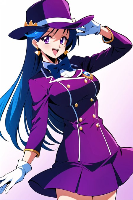1990s \(style\),

1girl, blue hair, bow, bowtie, breasts, dress, earrings, gloves, hat, jewelry, long hair, looking at viewer, open mouth, purple eyes, retro artstyle, short dress, skirt, smile, solo, travel attendant, uniform, white gloves

<lora:1990s:0.6>