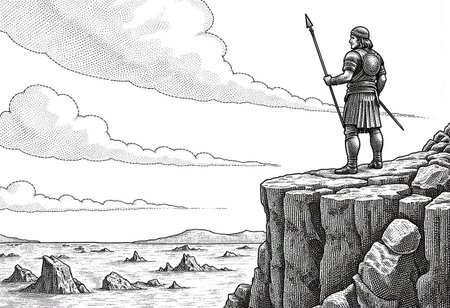 Celtic warrior standing on a cliff, stippled illustration in the style of STPPLD, wearing ancient armor and holding a spear, looking out over a rugged landscape with swirling clouds above and rocky terrain below
