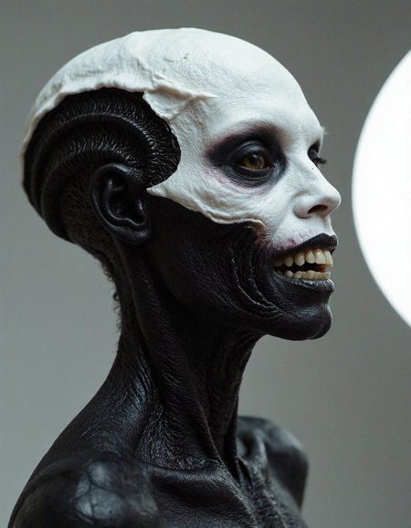 Off-center composition, right-aligned dynamic composition, an other wordly white alien like monstrous creature, erotic female, black glossy fractal skin leather texture, deap sea, slimey, teeths, black eyes, cinematic film still  . shallow depth of field, vignette, highly detailed, high budget, bokeh, cinemascope, moody, epic, gorgeous, film grain, grainy, cyberpunk style, (glowing alien eyes), crazy eyes, weird creature, white sphere on the background.