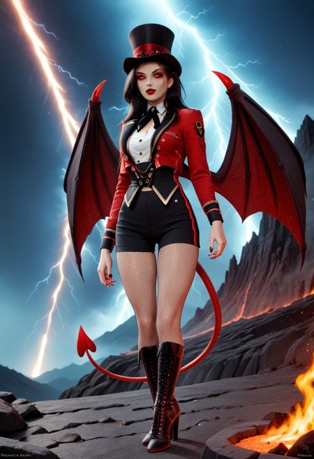 A 35mm photo of a beautiful slim woman, she is a reptilian demon , pale red demon skin with orange belly skin and inner thighs, black demon horns, clawed demonic hands, digitigrade red demon hooves, spade tipped demon tail, standing in a volcano, long straight black hair, large green feline demon eyes, demonic wings, lit with a sickly green light, red sky, blue lightning, broad sexy hips, slim waist, pert breasts, wearing a fitted red tailcoat and black yoga leggings
ruffled lingerie, lava, fire, volcano, lightning, hud_rngmstr,  black shorts, red long sleeve sequin short jacket, buttons, top hat, black neck ribbon, fishnet pantyhose, high heel boots