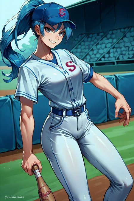 score_9, score_8_up, score_7_up, score_6_up, source_anime, 1girl, solo,  <lora:pkmnbattlegirl-pdxl-nvwls-v1-000006:1> btlgl, blue hair, grey eyes, ponytail, fit, baseball cap, baseball uniform, white pants, baseball field, looking at you, smirk, holding baseball bat