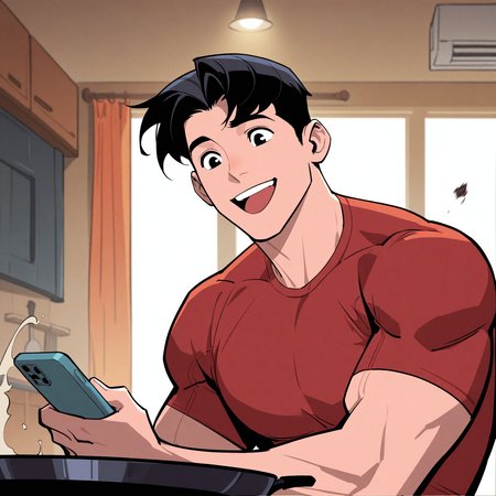 <lora:TIM_DRAKE:1>tim_drake, smile, solo, open mouth, short hair, shirt, black hair, 1boy, holding, upper body, male focus, :d, teeth, solo focus, indoors, black eyes, window, upper teeth only, phone, cellphone, curtains, red shirt, smartphone, holding phone, kitchen, frying pan, looking at phone, ceiling light, air conditioner, parted bangs, twenty-something, muscular, western comics (style), motion blur, film grain, abstract, natural lighting, fantasy, cinematic, dynamic, very awa, masterpiece, best quality, absurdres, newest, perfect quality, detailed background, intricate details, (artist:fl \(l-fl\):0.7), (artist:tooboshoo:0.7), (artist:dizdoodz:0.8)
