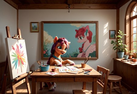 score_9, score_8_up, score_7_up, score_6_up, score_5_up, score_4_up, sunny starscout,
 earth pony, pegasus pony, g5, inside, rich colors, artist workshop, presents a painting of rabbits, aroused, front view, detailed background, pony, solo, detailed, 8k quality, side view, beautiful, teasing, easel and brushes, leaned to the floor, close up,