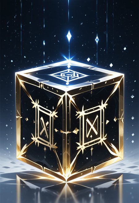 (masterpiece), best quality, Anime, Illustration, (Floating Cube, Crystal, Magic, Reflection), White Background, No Humans, Starry Theme, (Ancient Runes, Glowing Runes, Light Refraction), Black and Gold Theme, Natural Lighting, Verynsty