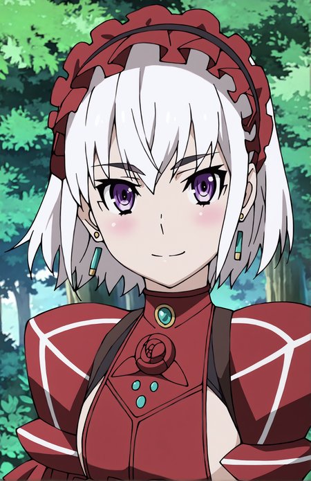 ChaikaBogdan, 1girl, solo, short hair, white hair, purple eyes,  earrings, lolita_hairband, red top, puffy sleeves, frills, forest, day, looking at viewer, front view, portrait, smile
