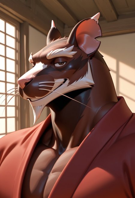 masterpiece, best quality, amazing quality, very aesthetic, absurdres, newest,  high quality, detailed, male, solo male, Sharpwood, 1boy, broad shoulders, mature male, brown eyes, athletic build, animal ears, rat, whiskers, anthro, anthro male, brown fur, facial hair, beard, big eyebrows, red robe, detailed face, detailed eyes, looking at viewer, half lidded eyes, smiling, indoors, volumetric lighting, close up, bust shot, side view