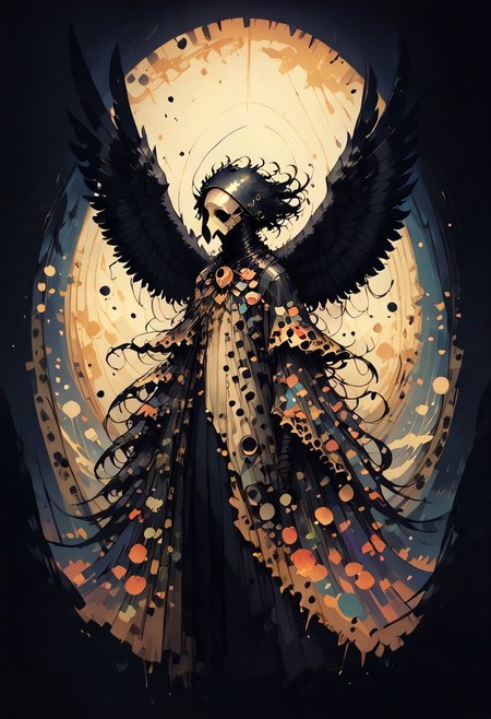 score_9, score_8_up, score_7_up, BREAK, 
1boy, solo, Highly detailed, d4rkpurp, plague doctor, mask, w1ngs, angel wings, black wings, floating black feathers, backlit by the moon, face focus, (reaching out), atmospheric, dark, ddpapa, concept paint, abstract art,
