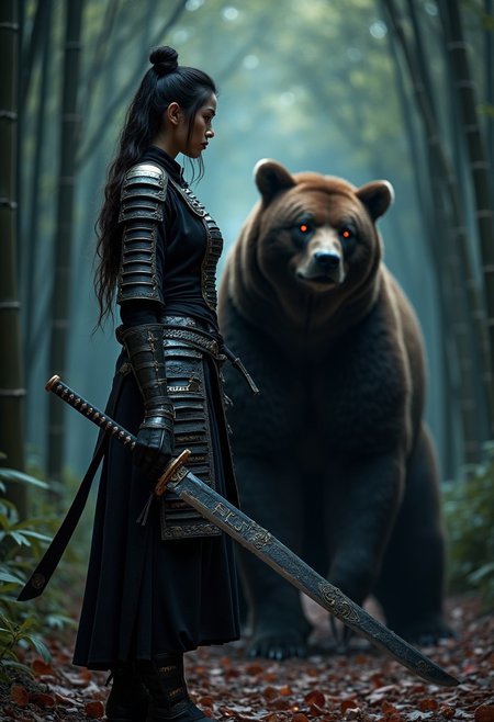 A hyper-realistic, ultra-detailed 8K photograph of an elegant samurai woman and her powerful bear mount in a dark, mysterious cherry blossom and bamboo forest. The woman’s sharp, refined features exude both grace and an air of danger. She wears intricately designed samurai armor with subtle engravings, the metal glinting faintly in the dim light.
In her hand, she holds a beautifully crafted katana with the word 'FLUX' ornately etched into the blade, glowing softly in the shadowy environment. Her long, dark hair is tied back, with loose strands adding to her enigmatic presence. Her stance is poised, embodying both strength and a deep connection to the ancient forest.
The bear mount stands tall and imposing beside her, its thick fur blending into the deep shadows of the bamboo and darkened cherry blossoms swirling through the air. The bear’s eyes, glowing faintly, mirror the woman’s intensity.
The background features a dense, shadowed forest where towering bamboo and dark cherry blossoms create an otherworldly atmosphere. The ground is covered in petals that pulse with a life of their own, while dim, eerie light filters through the trees, casting long, mysterious shadows. The scene is heavy with suspense, blending natural beauty with the quiet threat of the samurai.
The lighting and composition emphasize the intricate armor, the bear’s fur, and the glowing katana, creating a dark, moody, and captivating image.