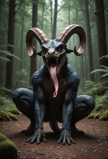 score_9,
rating_safe,
horrific
scaly
hybrid creature,
squat,
matted fur
  ,long tongue
  ,twisted horns
  ,
,
dark forest,
crouching,
cinematic lighting, dusk,
detailed realistic photo <lora:zavy-cntrst-sdxl:0.7>