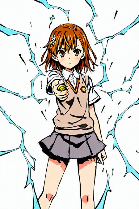 (misaka mikoto:0.1), short hair, brown hair, hair ornament, hair flower, brown eyes, skirt, shirt, school uniform, white shirt, short sleeves, pleated skirt, grey skirt, sweater vest, tokiwadai school uniform, 1girl, solo, alone, <lora:comic_drawing_style_illustriousXL:1>, comic_drawing_style, masterpiece, highres, white background, <lora:railgun_technique:0.8>, coin, holding coin, facing viewer, electricity, electrokinesis,