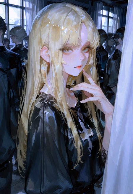 masterpiece, absurdres, newest, best quality, amazing quality, very aesthetic, 1girl, (blonde, long hair), detailed eyes, detailed face, {{adult}}, {30 years old girl}, cool, pretty, female model face, muted colors, {{beautiful detailed face}}, curtain bangs, parted bangs, wispy bangs, semi-realistic, watercolor on paper, {{aesthetic}}, {{{best quality}}}, stunning, perfect body, looking at viewer, {{wide angle}}, highly textured, at funeral, standing, background of people, {{detailed background}}, highly detailed, fingernails, (masterpiece, detailed:1.2), 96yottea, 748cmstyle, usnr, black shirt, gbf_style, dark moody lighting, detailed hands, detailed fingers, upper body