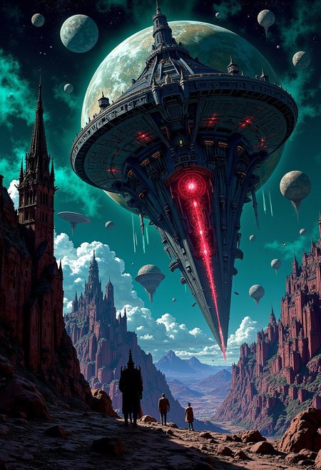 a surreal alien invasion, large starship with glowing red lights in the sky, gothic-style cityscape in the background, several tall buildings with pointed roofs, one prominent tower on the left side of the image, intricate details on the planet's surface, multiple moons and celestial bodies surrounding the starship, bright stars scattered across the sky, menacing and foreboding atmosphere, detailed and realistic painting style, dark and moody color palette with shades of blue, purple, and green. ink art, line art