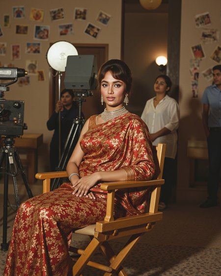 S4dh4n4 in a behind-the-scenes magazine shoot from the 1960s, sitting on a directorâs chair, vintage camera crew and lighting rigs in background, wearing a brocade sari with dramatic eye makeup, old magazine clippings on the wall, candid glamour look, warm toned film effect
 <lora:s4dh4n4_Sadhana_Flux_Kohya_V1b_500Steps:1.0> <lora:aidmaRealisticSkin-FLUX-v0.1:0.4000000000000001>