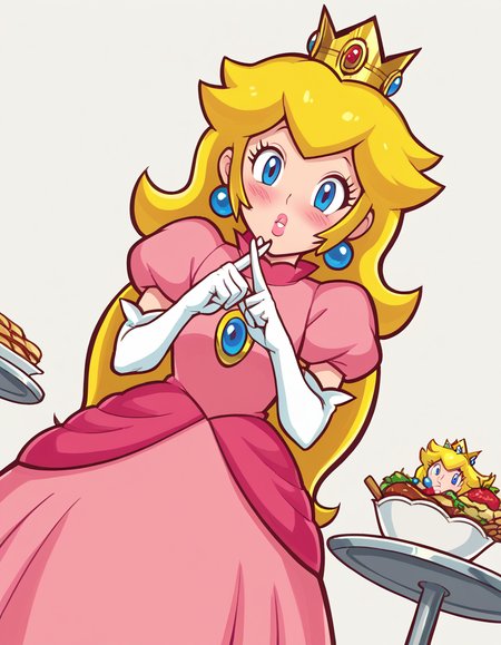 score_9, score_8_up, score_7_up, source_anime, <lora:super-princess-peach-ingame-ponyxl-lora-nochekaiser:1>, princess peach, blonde hair, blue eyes, long hair,, crown, dress, gem, gloves, pink dress, puffy short sleeves, puffy sleeves, short sleeves, white gloves,, cafeteria, tables, food trays, chairs, line, , <lora:x-fingers-ponyxl-lora-nochekaiser:1>, x fingers, blush, parted lips,, looking at viewer, solo,, dutch angle, cowboy shot