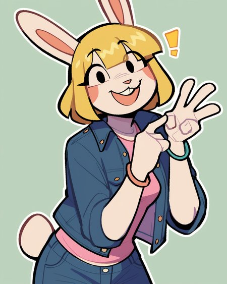 score_9_up, score_8_up, score_7_up, score_6_up, furry female, by remanedur, half-length portrait, restricted palette,  female, furry, rabbit, rabbit ears, black eyes, gesture,  leaning forward,  blue jean jacket, open jacket, shirt, bracelet, shorts, blonde hair, short hair, tail, medium breasts, looking at viewer, happy, head tilt, solo, three-quarter view, simple background, white outline, <lora:Leah_Pines(AIM)_XL_v1:0.15> <lora:PDXL_artist_tags_v2_big:0.5> <lora:The-Minuscule-Task_PDXL_v1.0:0.6>  <lora:Kami_Soto_pollenpvtch:0.7>