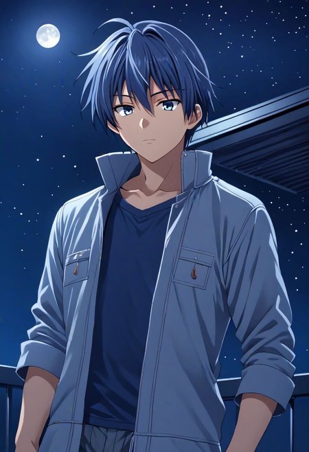 high resolution, solo, best quality, 1Boy, Tomoya Okazaki, Grey Blue Hair, open space, night sky, moon, OverallDetail