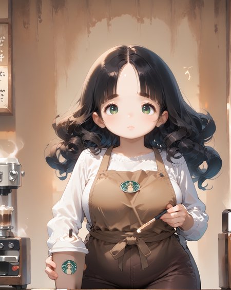 score_9, score_8_up, score_7_up, score_6_up, source_anime, rating_safe, ah1, 1girl, (curly hair), long hair, (black hair), mature female, (parted hair:1.7), (round face), (no_bangs:1.3), (no_fringe:1.6), looking at viewer, (thick eyebrows), (curvy), round-chin, (greenish hazel eyes), caucasian, (downturned eyes), <lora:ETO_OCPonyXL:0.5> eto_oc, plump, thick thighs, wide hips, busty, voluptuous, kinky curls, lips, bad-hands-5, (melancholic musician, always seen with an old guitar a sad tune always playing in the background), (stylish barista, wearing a name tag, carrying a tray of coffee cups, a pair of fingerless gloves, stylish hat, vintage barista shirt, tailored trousers, leather apron, clogs), in cafe, at morning, ((Sorrowful, Feeling or showing grief expression)), <lora:venus body PonyXL:0.8>, <lora:xl_more_art-full_v1:0.4>, <lora:shinyskin2:0.3> glistening skin, <lora:aesthetic_anime_v1s:0.4>, <lora:Expressive_H:0.4> Expressiveh, <lora:hairdetailpxl:0.4> hairdetailpxl, <lora:EpicF4nta5yXL:0.4>, <lora:detailxl:0.4> detailxl, <lora:Fant5yP0ny:0.4>, best quality, amazing quality, best aesthetic, absurdres, <lora:expressive eyes:0.4> expressive eyes, (Dutch Angle view Distance shot), <lora:eyedetailpxl:0.4> eyedetailpxl,
