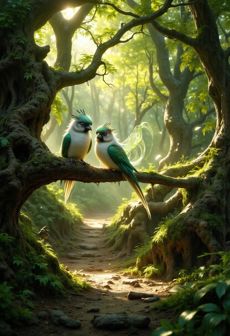 a tranquil woodland grove, untouched by the ravages of time. Here, shafts of golden radiance pierce the verdant canopy above, casting pools of warmth upon the loamy soil below. Fern fronds sway gently in the balmy zephyr, their emerald foliage whispering tales of ages past.
Amidst this sylvan idyll perches a diminutive avian marvel - a sprite of plumage and song. Soft, downy feathers of palest ivory and sage adorn its rotund frame, blending harmoniously with the moss-draped bough upon which it rests. Large, limpid eyes of deepest amethyst gaze out at the world with a childlike mixture of innocence and intrigue.
This tiny treasure seems almost too perfect to exist outside the pages of myth and legend.
impressionist painting, loose brushwork, vibrant color, light and shadow play, captures feeling over form, surreal, digital artwork, 
beautiful, painterly, detailed, textural, artistic, aesthetic, intricate details, highly detailed, vivid, vibrant, volumetric lighting, 
aidmaMJ6.1