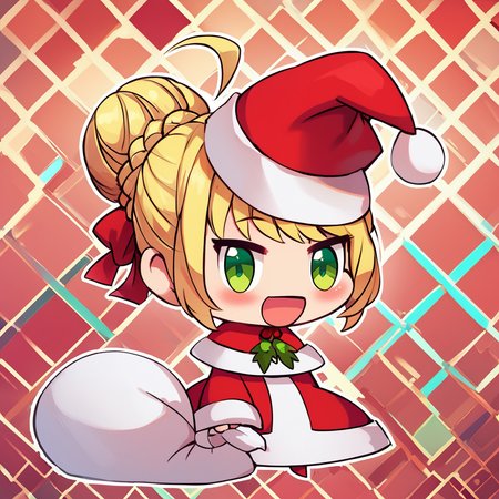 score_9, score_8_up, score_8,  ,,,  zzPadoru,  1girl, blush, smile, open mouth, blonde hair, long sleeves, dress, holding, green eyes, braid, ahoge, :d, hair bun, red dress, single hair bun, red headwear, meme, holding sack,  ,<lora:PadoruMemePDXL:1.0>,   ,,, smile, looking at viewer,  ,,, embedding:zPDXL,  <lora:SDXLFaeTastic2400:0.5>,