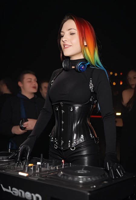 A beautiful petite woman in her 20s with long rainbow hair, in black leather bodysuit, long sleeves, black rubber gloves, corset, HW_Corset, collar, tight black latex pants, 1girl, instrument, playing instrument, dj, 3dmdj, headphones around neck, laser lights,  crowded night club,