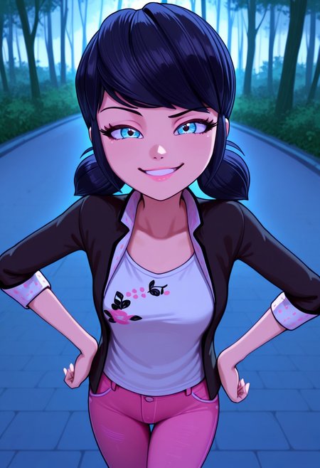 bright colors, detailed background,, volumetric light, vivid colours, standing,
looking at viewer, outdoors, overcast, dark, forest, vines, ponypositive, solo, solo focus, open hands on hip, single eyebrow lifted, smirk,
Marinette Dupain-Cheng, shoulder-length black hair with blue reflections tied back in pigtails, light pink lips, fair skin, bright bluebell eyes, unbuttoned jacket, white T-shirt, pink jeans, 
Smooth Quality,
best quality, hyper detailed, ambient stylish expressive lighting, absolutely eye-catching masterpiece, body extremely close-up view, (facing viewer), forward, face extremely close-up shot, chest focus, selfie,