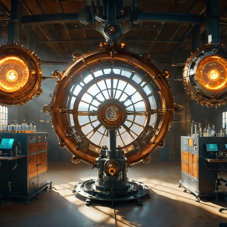 bird's eye view, ((((large laboratory)))) in a dusty warehouse, photorealistic photo of a glowing steampunk machine that shows the planets in our solar system, (((((No people))))), Octane Render, large fusion mechanical device with complex gears and ((glowing gems)), ultra detail, 8k, portal, spark, timewarp, gravitational lens, the universe,  <lora:SDXLHighDetail:1> <lora:wowifierXL:1>