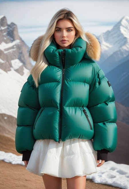 ((((sherpa puffer padded jacket)))), ((((sharpa puffer padded coat)))), ((((puffer skirt)))), ((((cowboy shot)))), ((((from back)))), standing, winter, snow, mountains, 1girl, solo, (masterpiece), (detailed face, detailed eyes), (beautiful detailed eyes:1.5), sidelighting, (super detail, hyper detail, intricate_details, detailed), looking at viewer, (semi realistic:1.6), very detailed face, (Blonde hair), (white hair), absurdly long hair, hair between eyes, (straight hair), (green eyes), put your hair behind your ears, eyelashs, eyeliner, (eye shadow:0.5), wet hair, sweat, white skin, Angry face, (blush), padded cuffs, padded collar, Thick padded cuffs, Thick padded collar, <lora:Collar-SDXL:0.6>, <lora:Cuffs-SDXL:0.6>, <lora:Puffer_Jacket_and_Down_Jacket_-_Extra_Puffy_Jackets:0.6>,  <lora:puffer_skirt_v1:0.6>