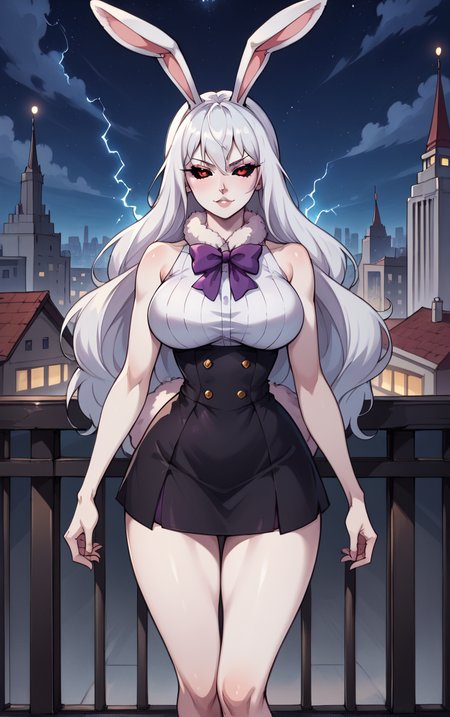 score_9, score_8_up, score_7_up, BREAK
SulongForm_WhiteDress_ownwaifu, 
1girl, red eyes, white hair, animal ears, rabbit girl, furry female, large breasts, white fur,  rabbit tail, body fur, colored skin, animal nose, colored sclera, electricity, fur collar, legs, long hair,  rabbit ears, thighs, white skin, alternate form, bangs, black sclera, hair between eyes, pale skin, snout,  
black skirt, white shirt, bow, ribbon, sleeveless, bowtie, purple bow, bare shoulders, miniskirt,  sleeveless shirt,
(standing, arm_support), railing, cityscape, night, city, city lights, scenery, starry sky, vanishing point, outdoors, <lora:PONYXL_ONEPIECE_Carrot_ownwaifu:0.8> , depth of field, solo,
