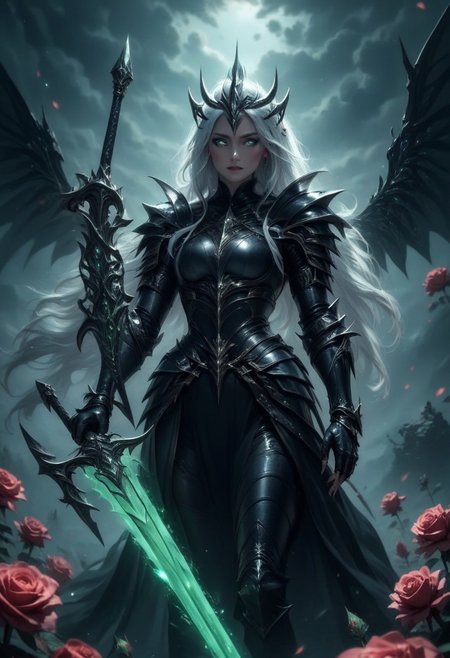 ral-18thlxry,Amidst the opulent court of a queen, one knight stands out. Clad in blackened silver plate armor, polished to a mirror sheen, she is known as the Iron Rose, the queen's most trusted protector. Her helmet, adorned with a single, exquisite rose crafted from iron, never leaves her side, a symbol of her unwavering loyalty and the iron will that lies beneath her stoic exterior.,black face shield, holding a shield formd as a rose, holding a black pattern sword