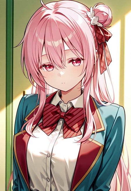 masterpiece, best quality, 32k, high resolution, absurdres, matsuzaka satou, blue jacket, striped bow, upper body, bow
blazer, red bowtie, plaid bow, open clothes, striped bowtie, hair ornament