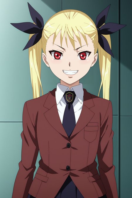 score_9, score_8_up, score_7_up, source anime, prefect lighting, very aesthetic, BREAK, anime screencap, anime coloring,
<lora:mina_tepes_v1:1>, 1girl, mina tepes, dance in the vampire bund, blonde hair, red eyes, flat chest, twintails, hair ribbon, school uniform, necktie, skirt, brown blazer, 
BREAK, looking at viewer, evil grin, 
BREAK,