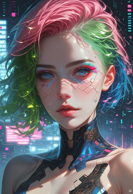 score_9,score_8_up,score_7_up,best quality,very aesthetic,absurdres,masterpiece,colourful,
1girl,solo,asymmetrical hair,short hair,blue hair,green hair,pink hair,multicolored hair,blue eyes,eyeliner,eyeshadow,makeup,bare shoulders,looking at viewer,(cyberpunk),hlpr,futuristic,hologram,glitch,holographic face,ui,interface,nodes,particles,(glowneon),(glowing), (western:0.6), (european:0.6)