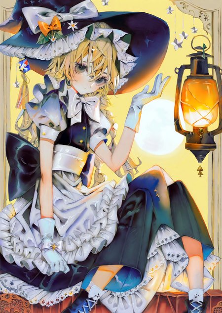 by yogisya, 
(Kirisame Marisa(touhou):1.1),1girl, solo, hat, long hair, blonde hair, witch hat, braid, yellow eyes, apron, short sleeves, skirt, waist apron, looking at viewer, puffy sleeves, vest, sitting, hat bow, black skirt, puffy short sleeves, single braid, blush, bow, white bow, star \(symbol\), hand between legs, shirt, between legs, white shirt, lantern, black headwear, hair between eyes, wariza, gloves, black vest, side braid, bangs, skirt set, white apron, hand on headwear, closed mouth, white gloves, arm up, seiza
  best quality, masterpiece,