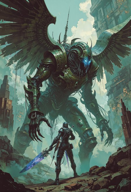 concept art . art by Zdzislaw Beksinski. standoff. sci-fi android with giant spectral blade versus giant mechanical monstrosity with wings. intense. spikes, wires. dutch angle. epic, glorification. action, scene.  <lora:Warhammer_Rogue_Trader_Style_flux-000021.safetensors:0.5>,  <lora:Elden_Ring_-_Yoshitaka_Amano.safetensors:1.0>,  <lora:ARTifacts.safetensors:0.5>,  <lora:Luminous_Shadowscape-000016.safetensors:0.1>,  <lora:Glitchcore_Flux.safetensors:0.4>,   . digital artwork, illustrative, painterly, matte painting, highly detailed