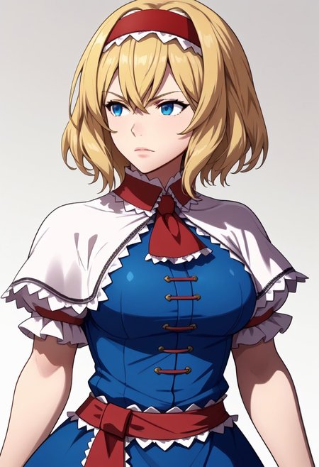 awakeningportraits, portraits, 
1girl, alice margatroid, medium hair, blonde hair, blue eyes, ,red hairband, 
frilled hairband, 
white capelet, blue dress, frilled dress, frilled ascot, red ascot, puffy short sleeves, 
toned, curvy, large breasts, 
upper body, 
from side, 
looking ahead, 
serious, 
white background, 
gradient background,
