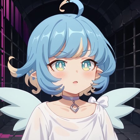 score_9, score_8_up, score_7_up, source_anime, anime screencap, masterpiece, insanely detailed, detailed background, zPDXL3, break, amy_(princess_connect), 1girl, wings, solo, ahoge, short hair, blue hair, multicolored hair, pointy ears,white dress,choker,((glitch)), dungeon,chromatic aberration