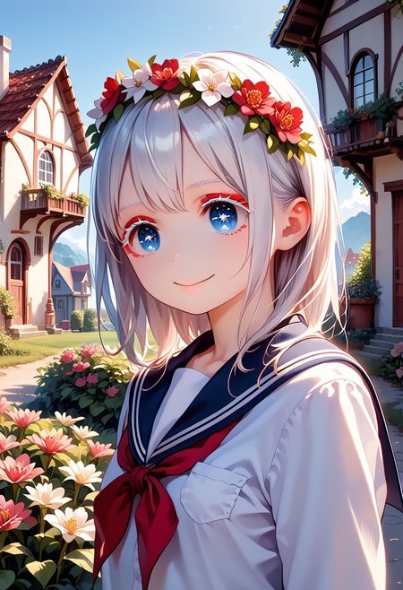 score_9, score_8_up, score_7_up, 1girl, okada style, masterpiece, best quality, ultra high res, smiling, happy, (detailed eyes:1.2), 8K, Best Quality, Masterpiece, Ultra High Resolution, (Realism: 1.4), Original Photo, (Realistic Skin Texture: 1.3), (Film Grain: 1.3), Sapphire Color Eyes and Beautiful Face Details, Highest Quality Picture Quality, white hair, blue eyes, (red eyeliner), (white eyeshadow), (white eyelashes) ,set in a fantasy world with sparkling stars, fantasy flower crown on her head, school uniform,messy, indoors, clutter, very aesthetic, scenery, outside, house, garden