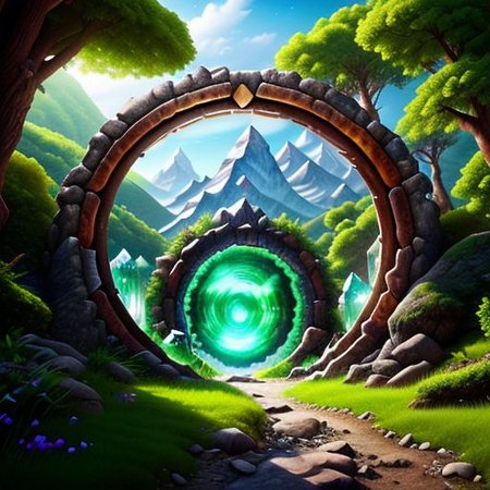 Hyperrealistic art, fanmou, lush green wooded mountain pass landscape, a fantasy Circular portal made of crystalz, (Circular portal:1.3), fantasy, Nether Portal, portal, stargate, gateway, blue sky, Extremely high-resolution details, photographic, realism pushed to extreme, fine texture, incredibly lifelike,