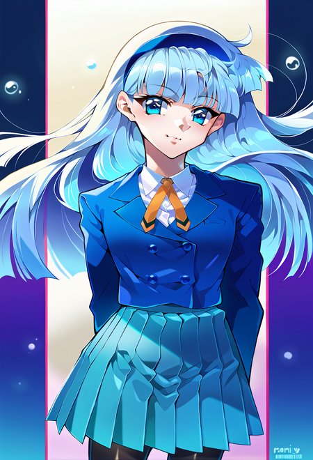 score_9, score_7_up, source_anime, BREAK <lora:AERingo:1> linear hatching,  <lora:AEUmi:0.8> AEUmiDef, blue eyes, blue hair, blunt bangs, long hair, blue hairband, school uniform, blazer, blue jacket, long sleeves, collared shirt, orange ribbon, white shirt, blue skirt, pleated skirt, black pantyhose, cowboy shot, smile, floating hair, head tilt, arms behind back,
