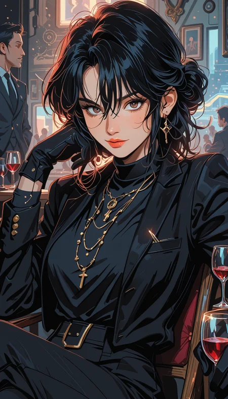 masterpiece, Shinkaistyle,
pinkretroanime, retro art,
Cyberpunk Style, cyberpunk, science fiction, hi tech, future tech, neon, (Cybernetics:1.25), (Neon Cityscape:1.4), (lineless:1.5), smooth edges, (lighten the face:1.5), tall body, slender body, fit body, long legs, The image portrays a captivating scene featuring a female anime character as the central figure. She sits in a vintage-style café, her attention focused intently on something outside the frame, indicating a moment of deep thought or observation. Her attire is formal, with a dark blazer and what appears to be a classic necktie, suggesting she may have recently arrived from a professional setting or event. The character's expression is serious, her lips slightly parted as if in the middle of speaking, indicating she could be engaged in conversation. Her hair, styled in loose curls, frames her face, and her eyes are wide open, reflecting the intensity of her focus. Around her, the café is populated with other patrons seated at their tables, adding a sense of ambiance to the scene. The background features a well-lit bar area with various bottles and decorative items visible on the shelves behind her, contributing to an atmosphere of sophistication. The overall lighting in the image is soft and subdued, casting gentle shadows that highlight the character's features and the textures within the café setting. Please note that this description is based on the provided image and does not include any speculative or fictional elements., 1girl, solo, long hair, breasts, looking at viewer, blush, smile, short hair, bangs, multiple girls, large breasts, shirt, black hair, gloves, long sleeves, dress, hair between eyes, brown eyes, jewelry, medium breasts, sitting, closed mouth, jacket, ponytail, sidelocks, earrings, multiple boys, open clothes, solo focus, black gloves, collared shirt, pants, indoors, hand up, 2boys, medium hair, necklace, black eyes, black dress, open jacket, cup, lips, coat, black jacket, parted bangs, grey eyes, black shirt, feet out of frame, turtleneck, chair, black pants, formal, table, crossed legs, bottle, suit, cross, light smile, hand on own face, faceless, alcohol, drinking glass, 6+boys, faceless male, head rest, hand on own cheek, red lips, glass, wine glass, cross necklace, multiple others, on chair, wine, cross earrings, picture frame, painting \(object\), elbow rest, people